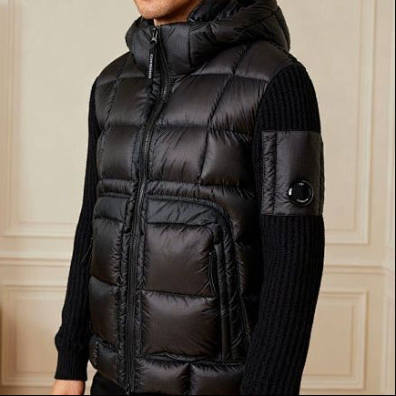 Hooded Puffer Jacket with Knit Sleeves