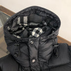 Black Hooded Puffer Jacket with Check Lining