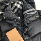 Black Hooded Puffer Jacket with Check Lining