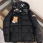 Black Hooded Puffer Jacket with Check Lining