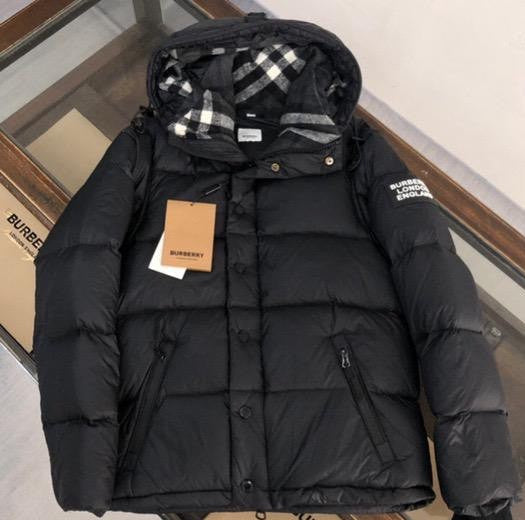 Black Hooded Puffer Jacket with Check Lining