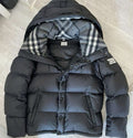Black Hooded Puffer Jacket with Check Lining