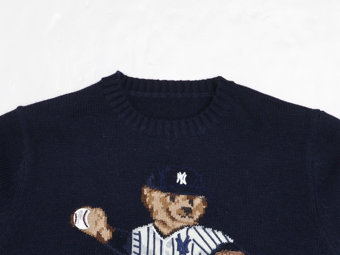 Navy Baseball Bear Knit Sweater