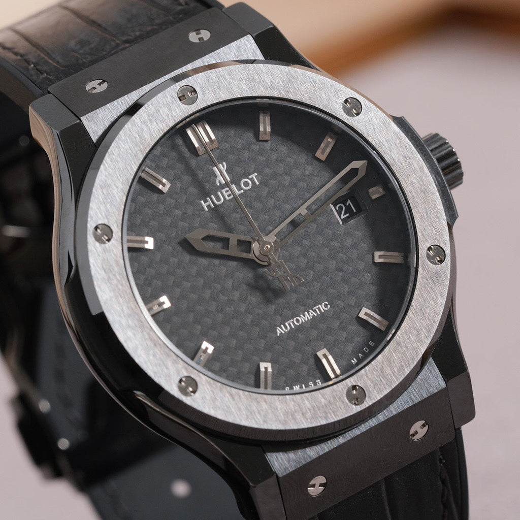 Black Carbon Dial Steel Bezel Watch 42 mm