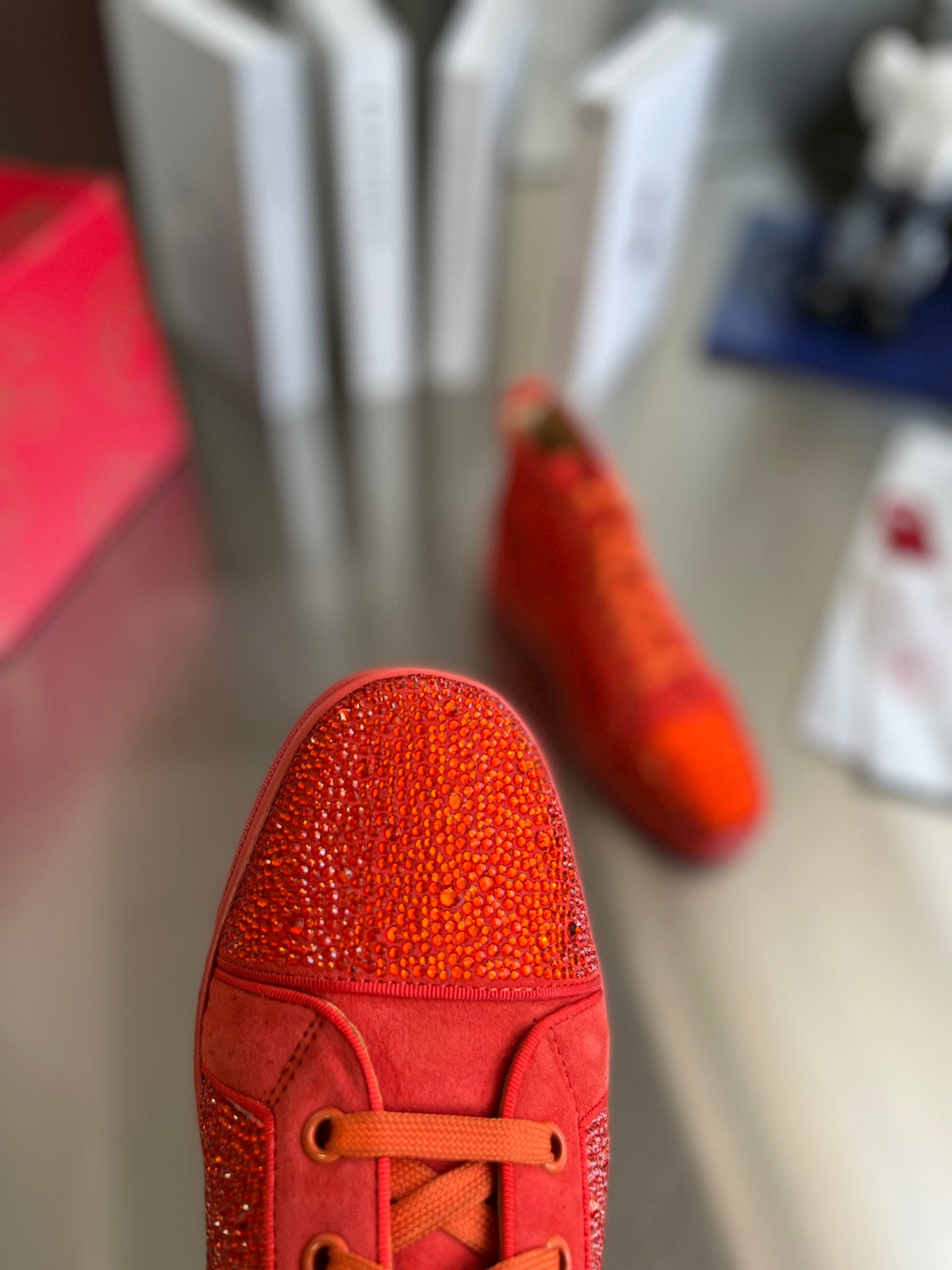 High-Top Orange Letter Diamond Studded Boots