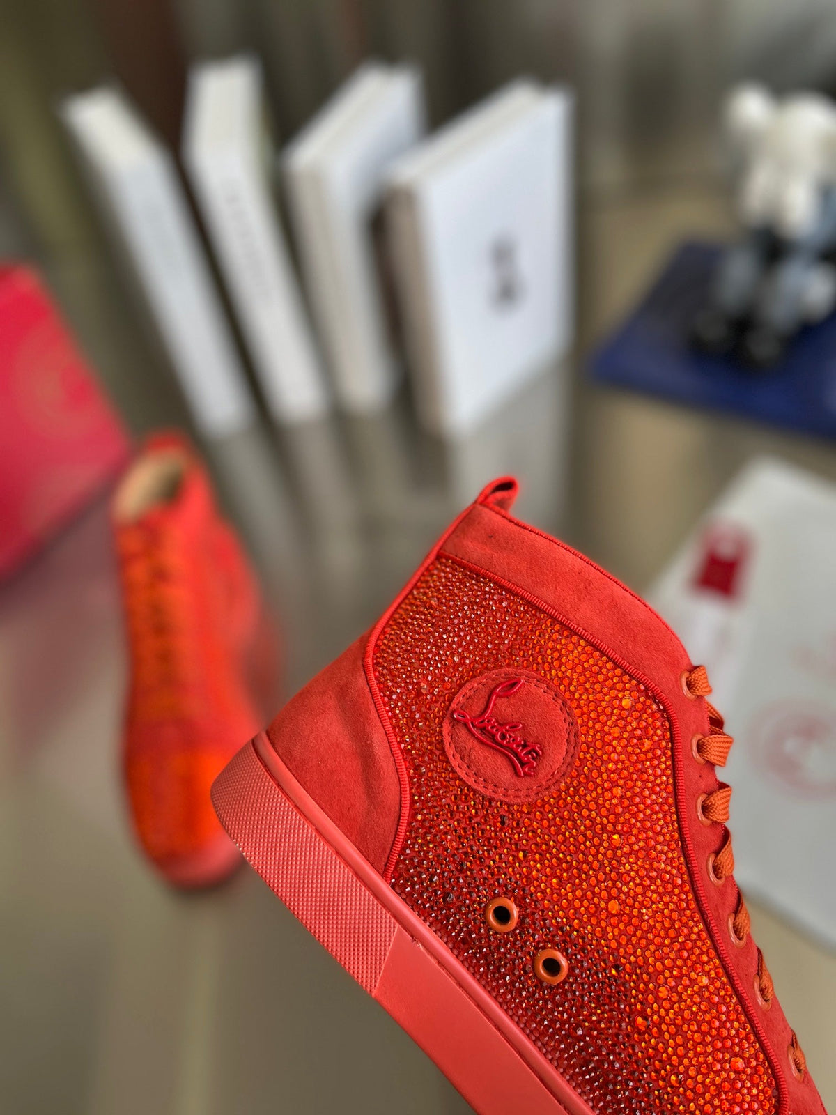 High-Top Orange Letter Diamond Studded Boots