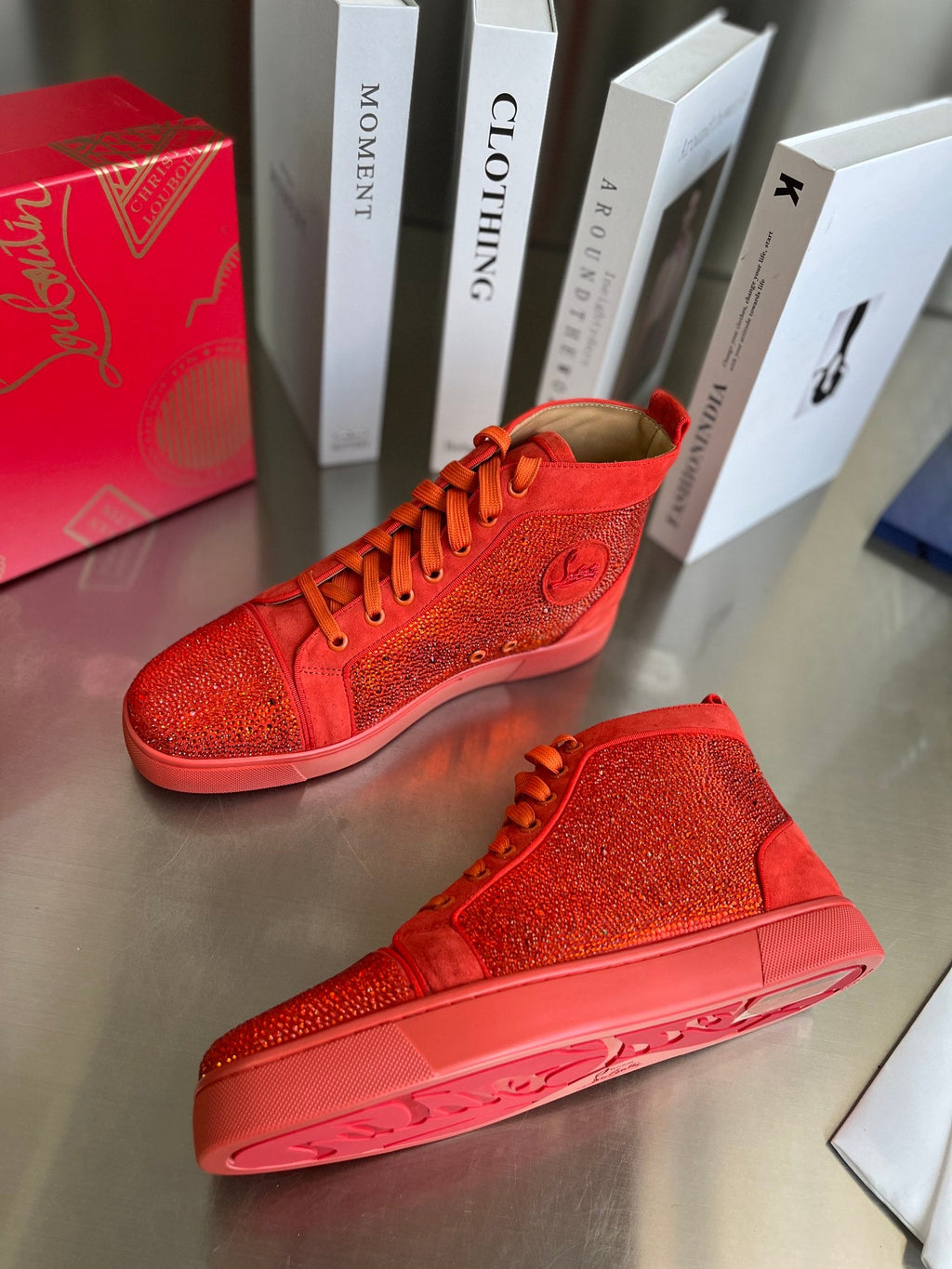 High-Top Orange Letter Diamond Studded Boots