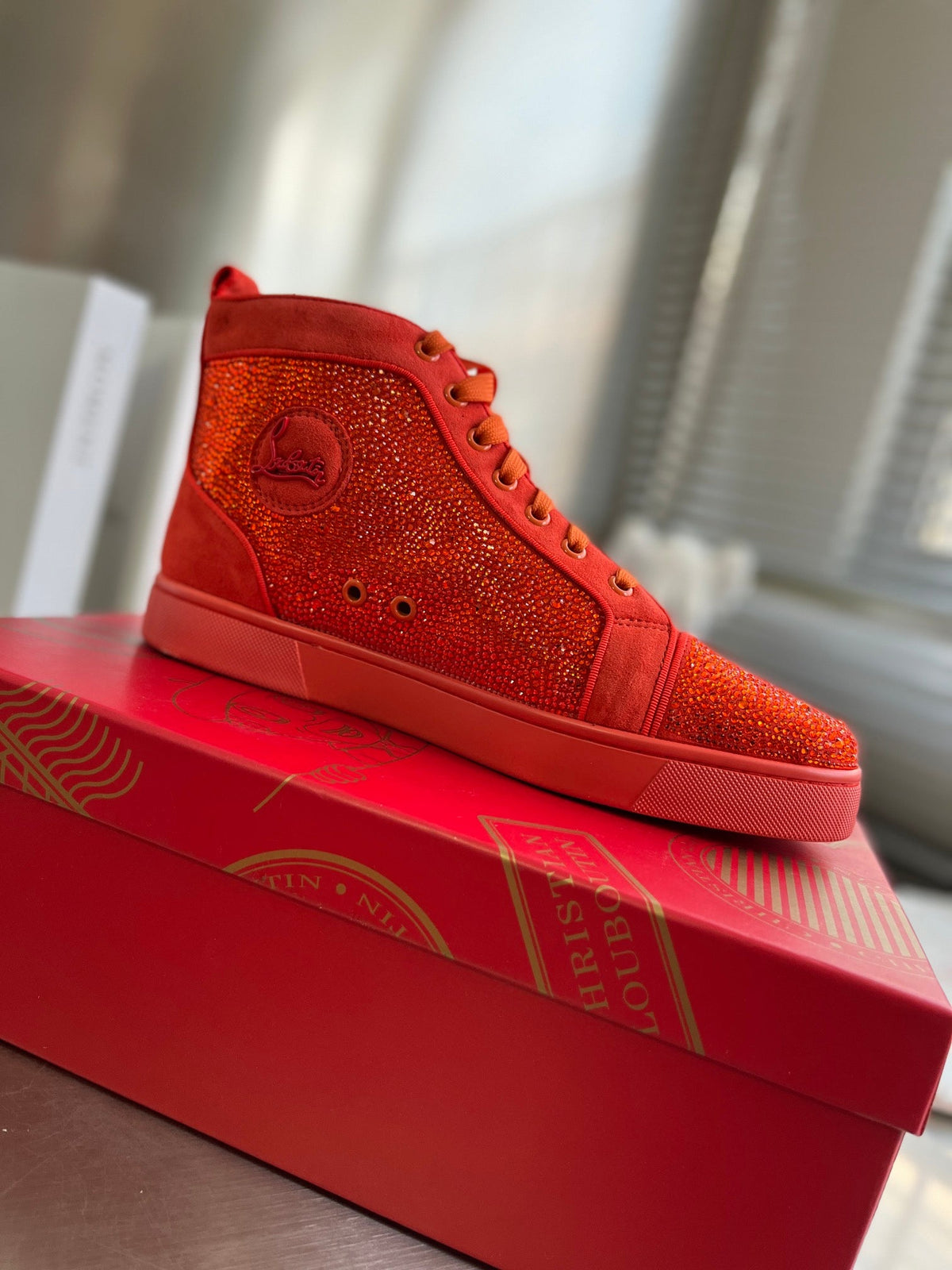 High-Top Orange Letter Diamond Studded Boots