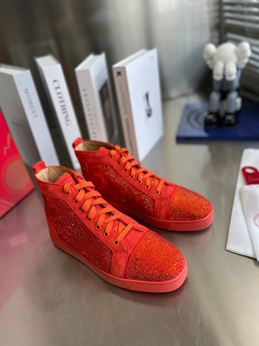 High-Top Orange Letter Diamond Studded Boots