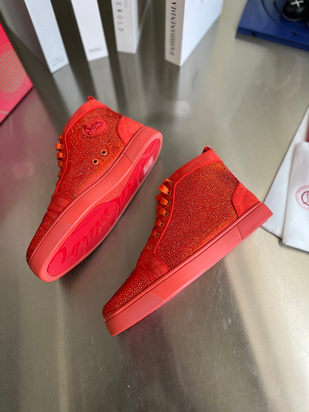 High-Top Orange Letter Diamond Studded Boots
