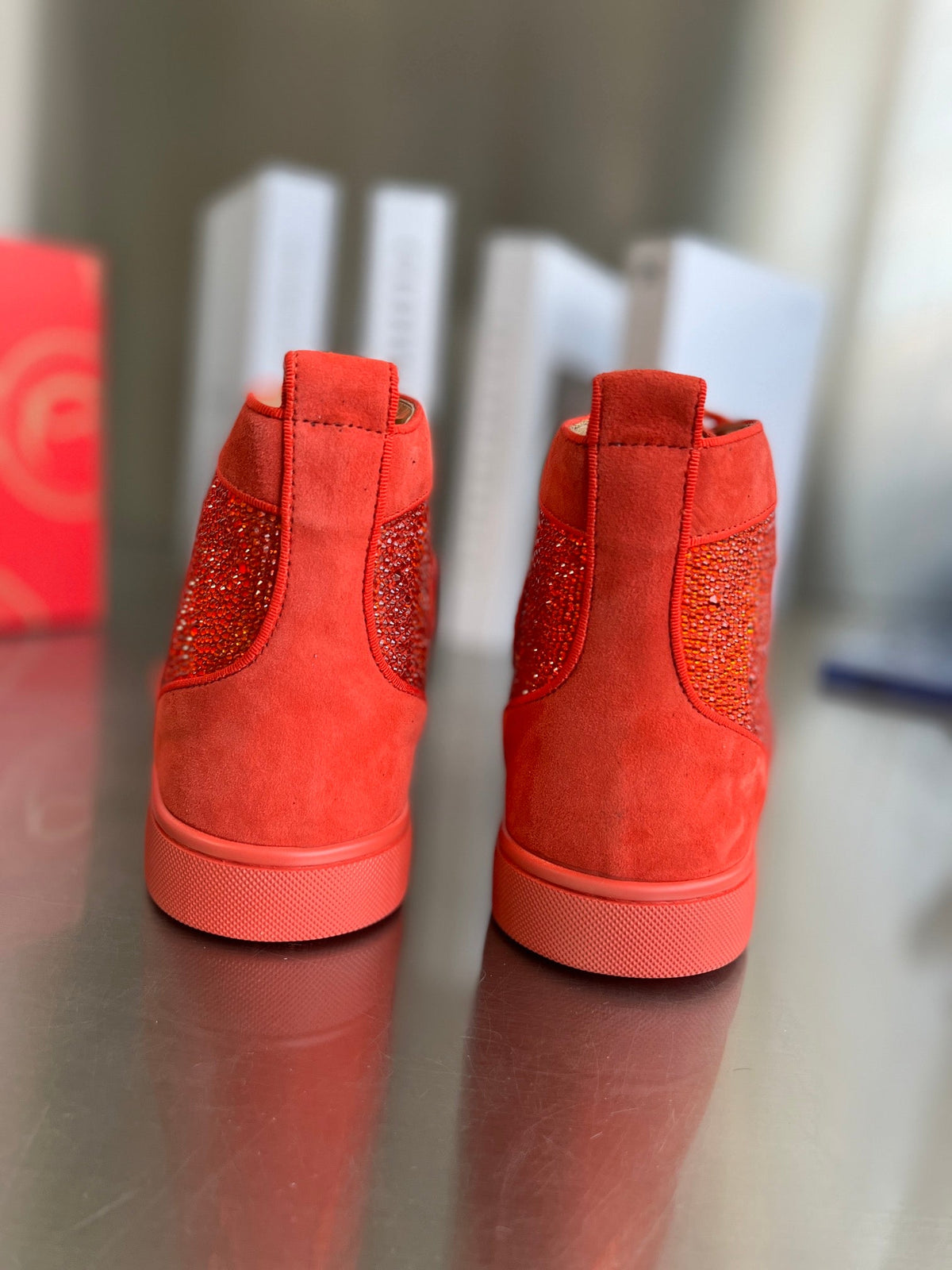 High-Top Orange Letter Diamond Studded Boots