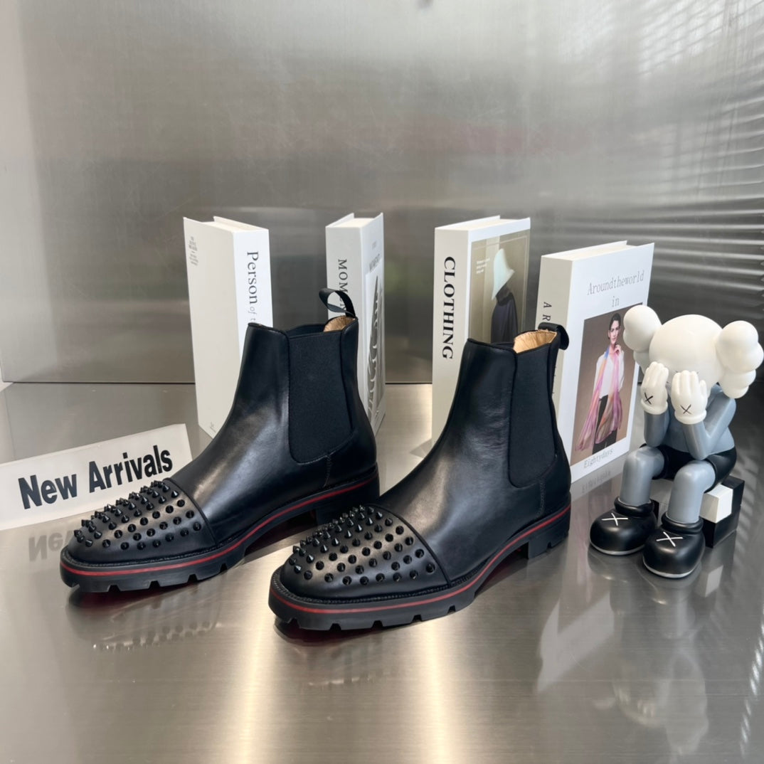 Black Cowhide Boots with Front Studs