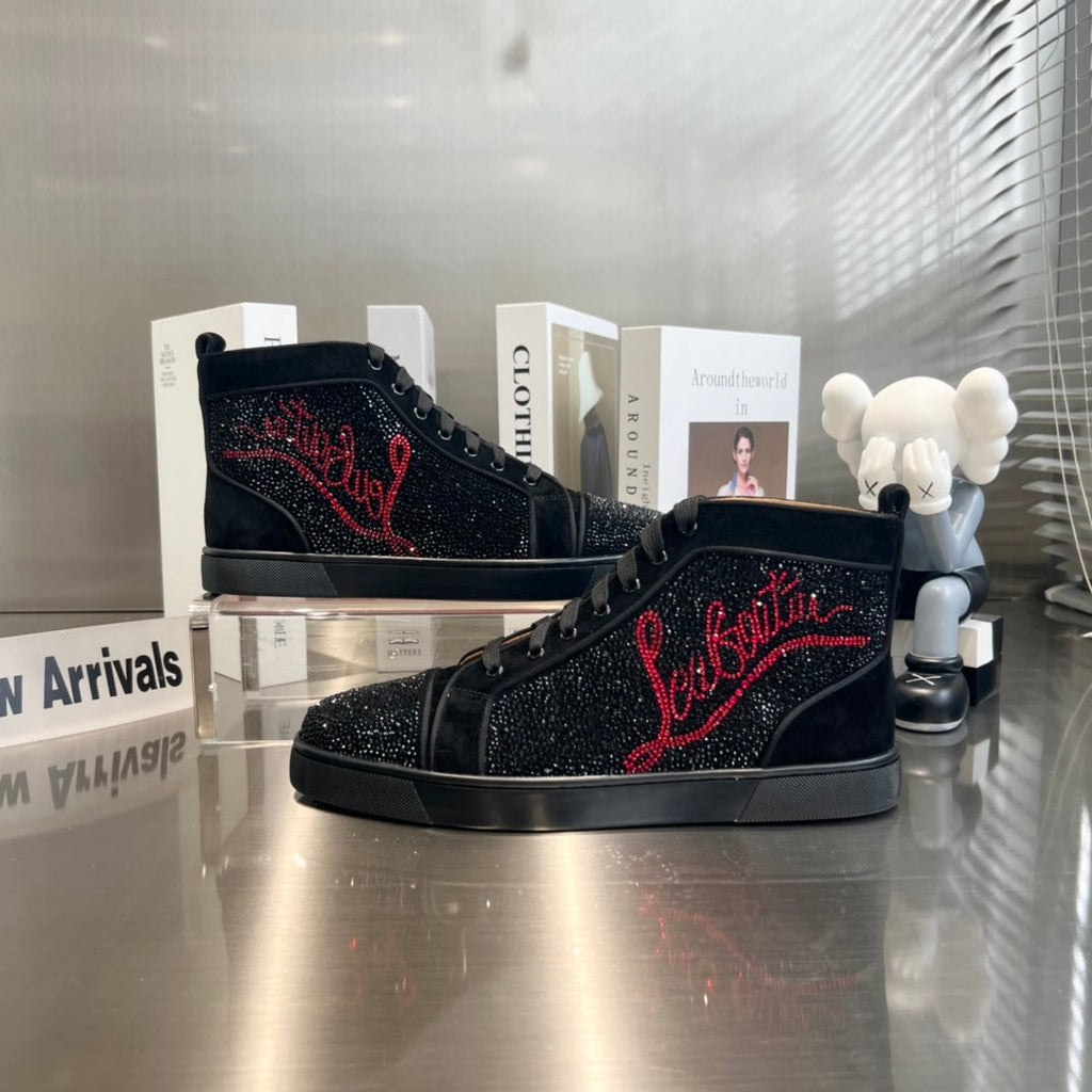 High-Top Black Letter Diamond Studded Boots
