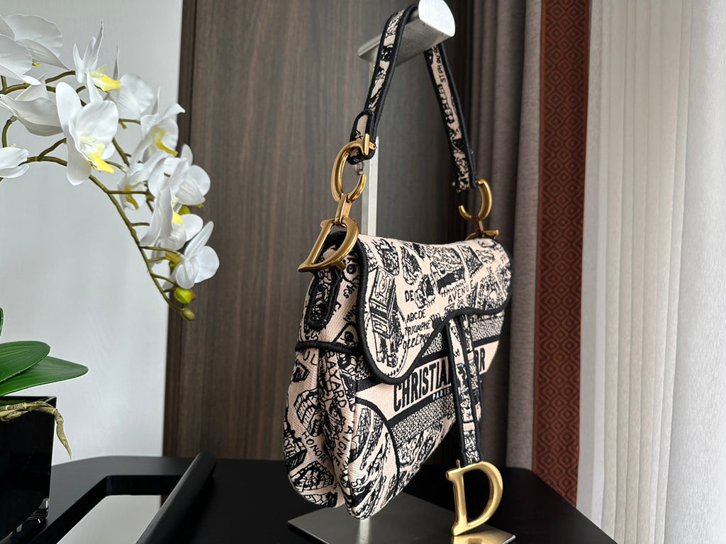 Embroidered Black Denim Saddle Bag with Fringe – 25.5cm