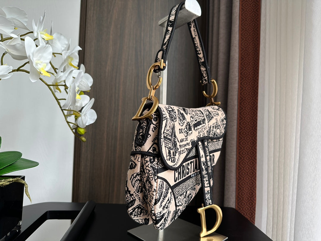Embroidered Black Denim Saddle Bag with Fringe – 25.5cm