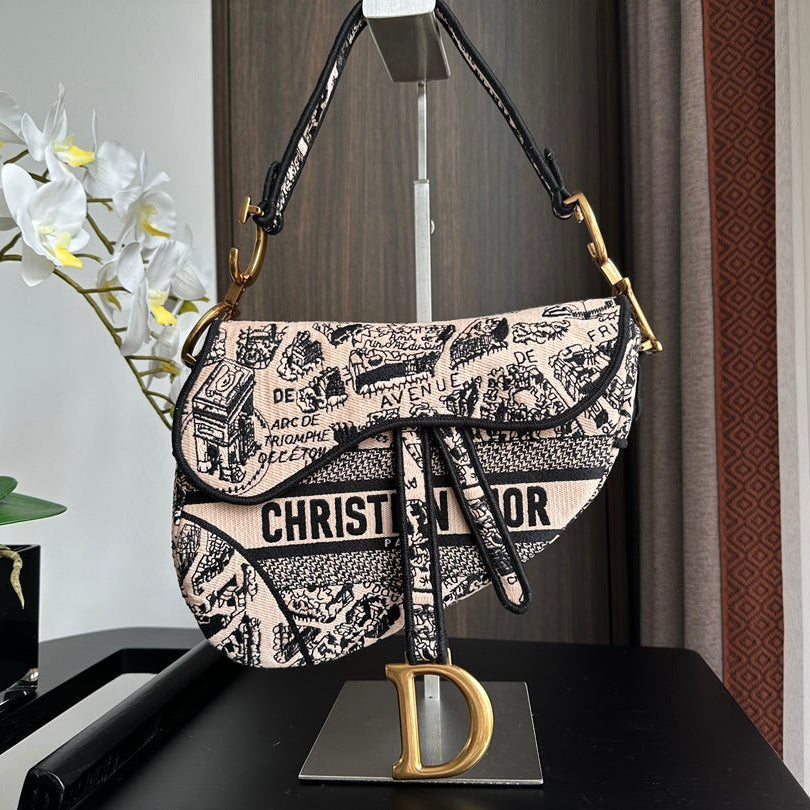 Embroidered Black Denim Saddle Bag with Fringe – 25.5cm