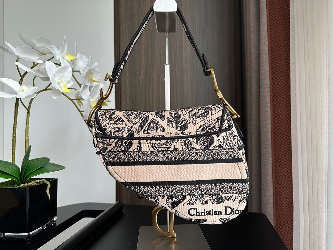 Embroidered Black Denim Saddle Bag with Fringe – 25.5cm