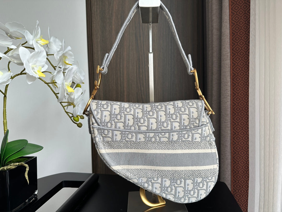 Embroidered Grey Denim Saddle Bag with Fringe – 25.5cm