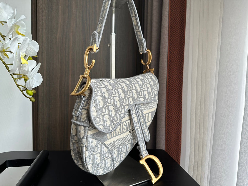 Embroidered Grey Denim Saddle Bag with Fringe – 25.5cm