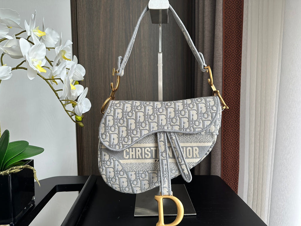 Embroidered Grey Denim Saddle Bag with Fringe – 25.5cm