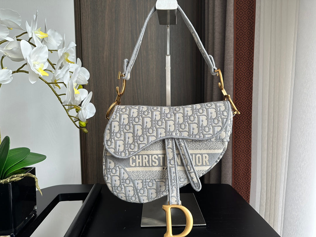 Embroidered Grey Denim Saddle Bag with Fringe – 25.5cm