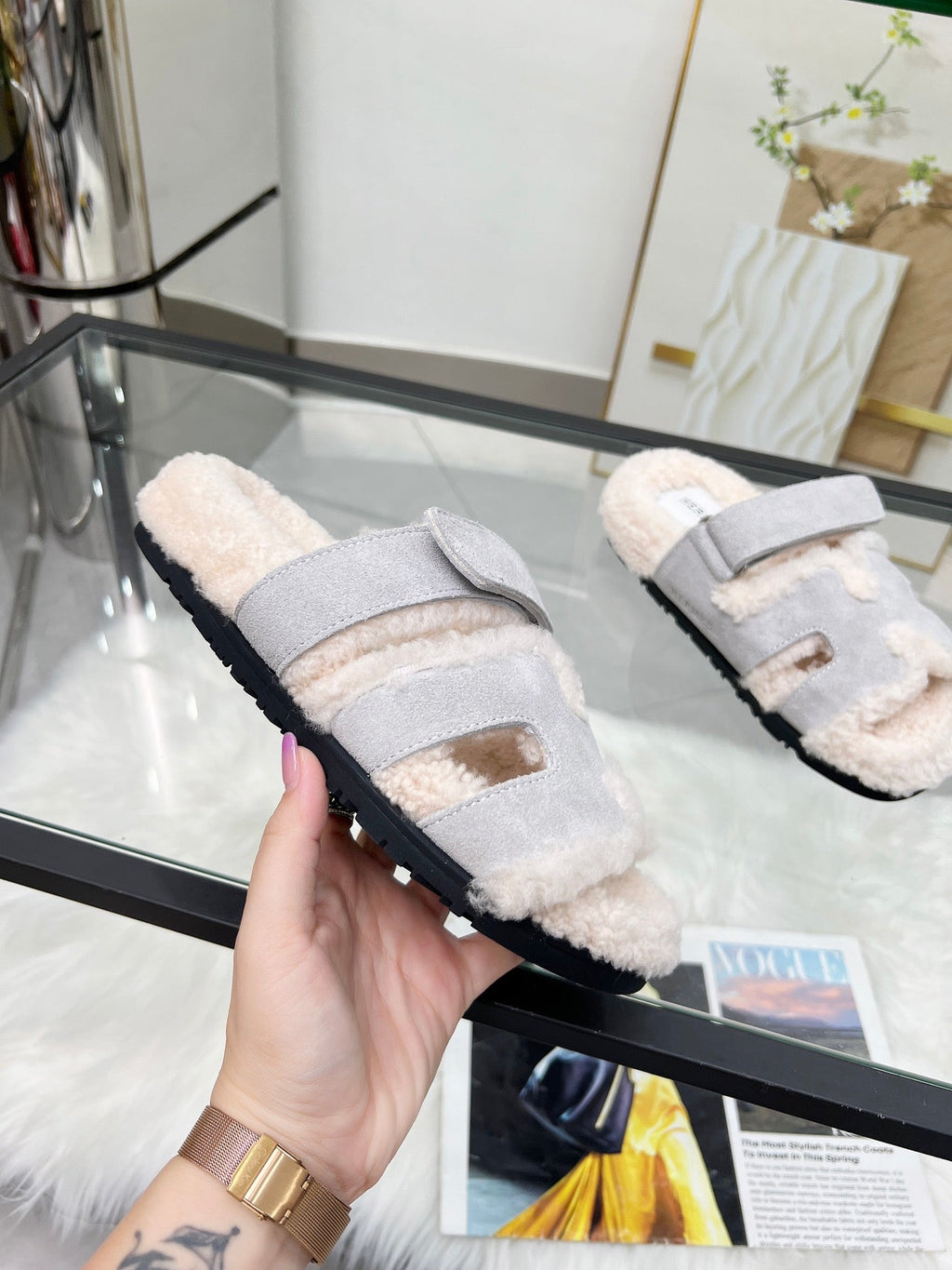 Fuzzy Wool Slide Slippers