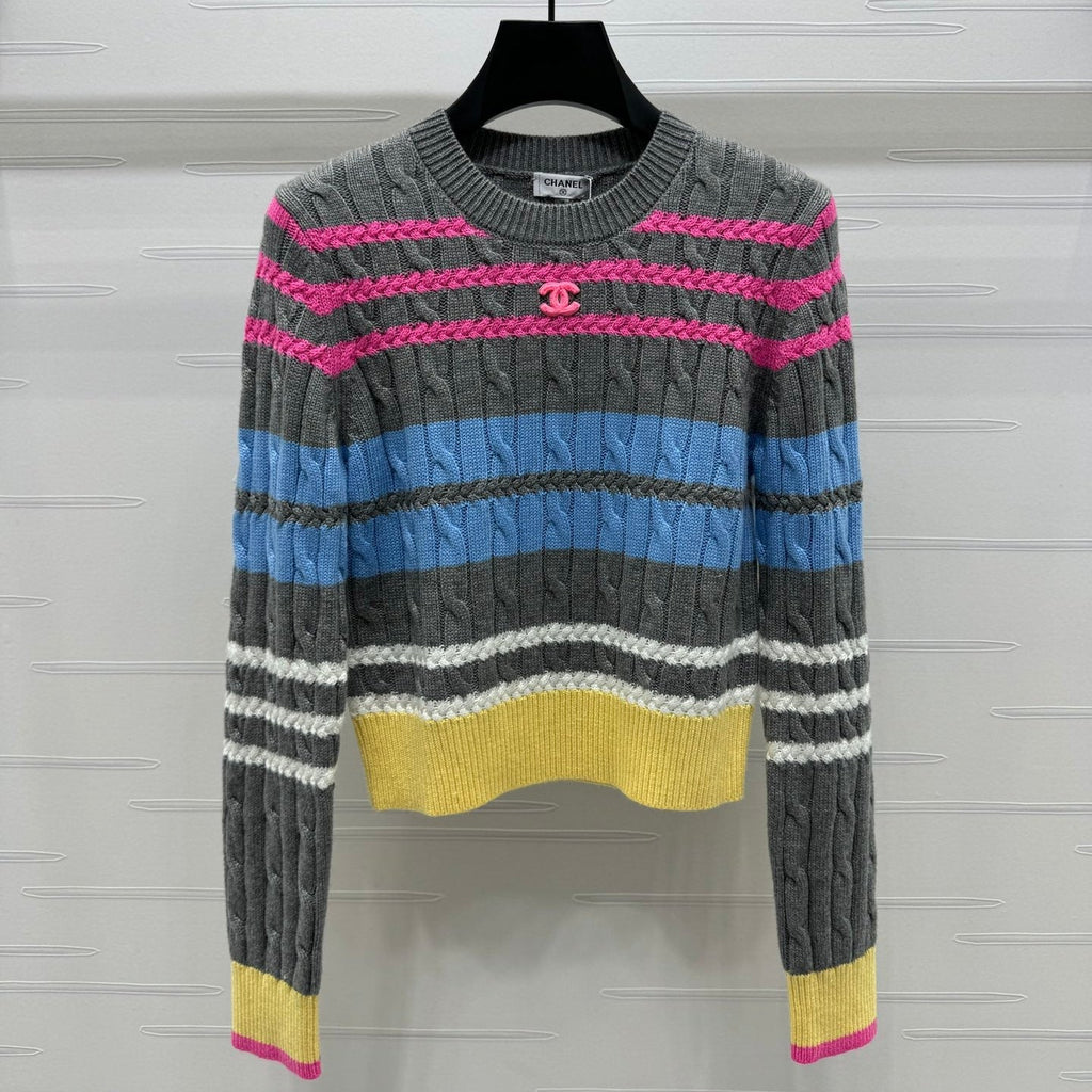 Color Stripe Cable-Knit Sweater