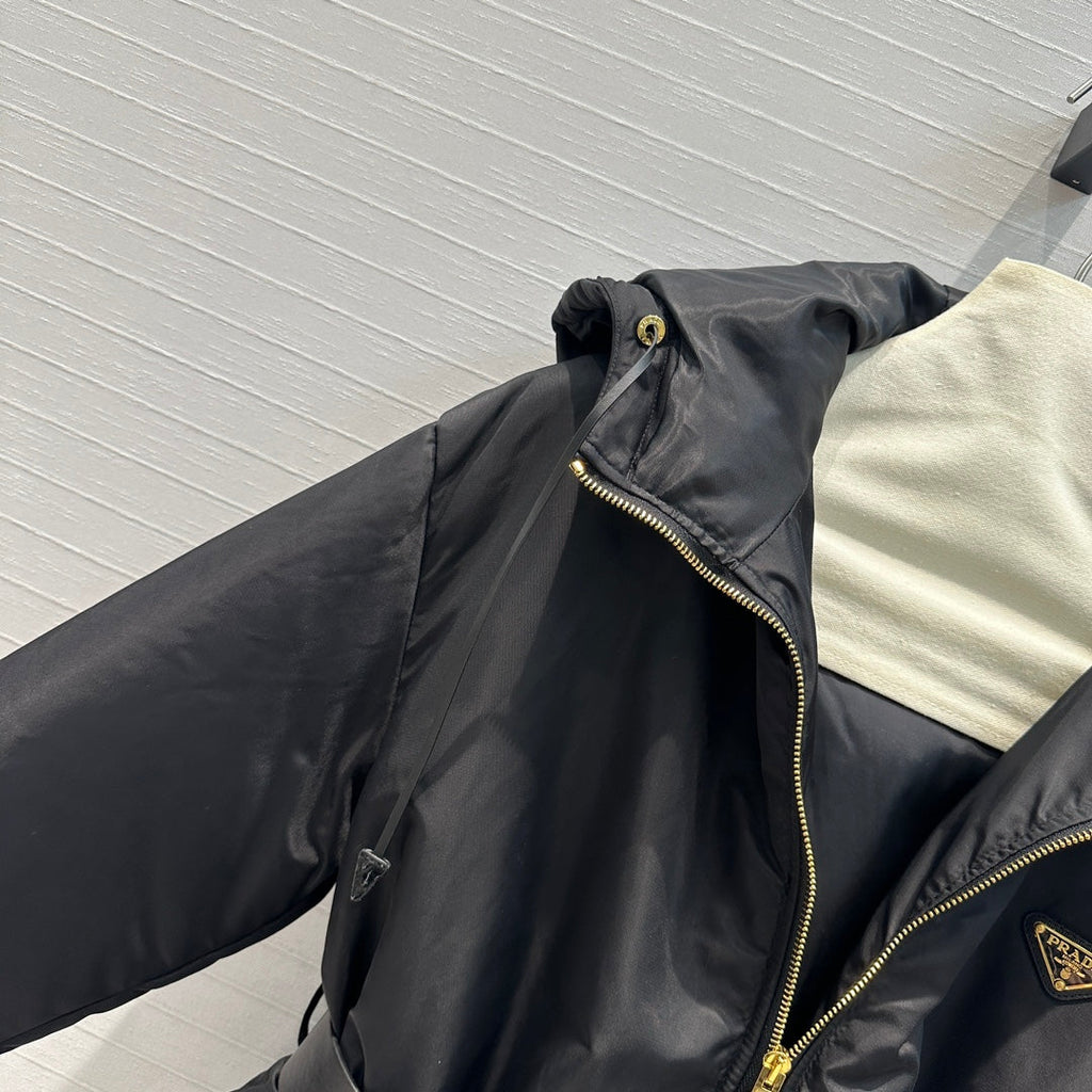 Nylon Hooded Down Jacket with Belt
