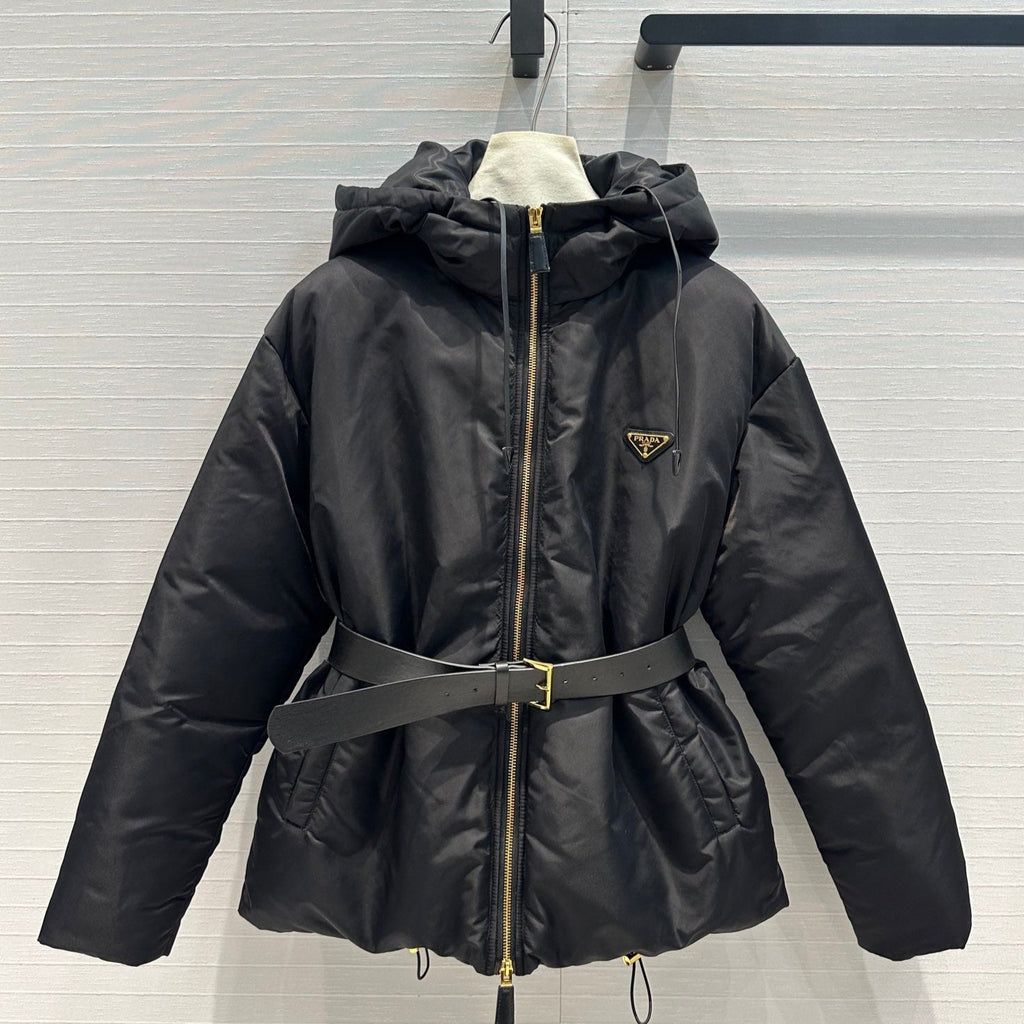 Nylon Hooded Down Jacket with Belt