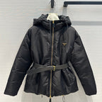 Nylon Hooded Down Jacket with Belt