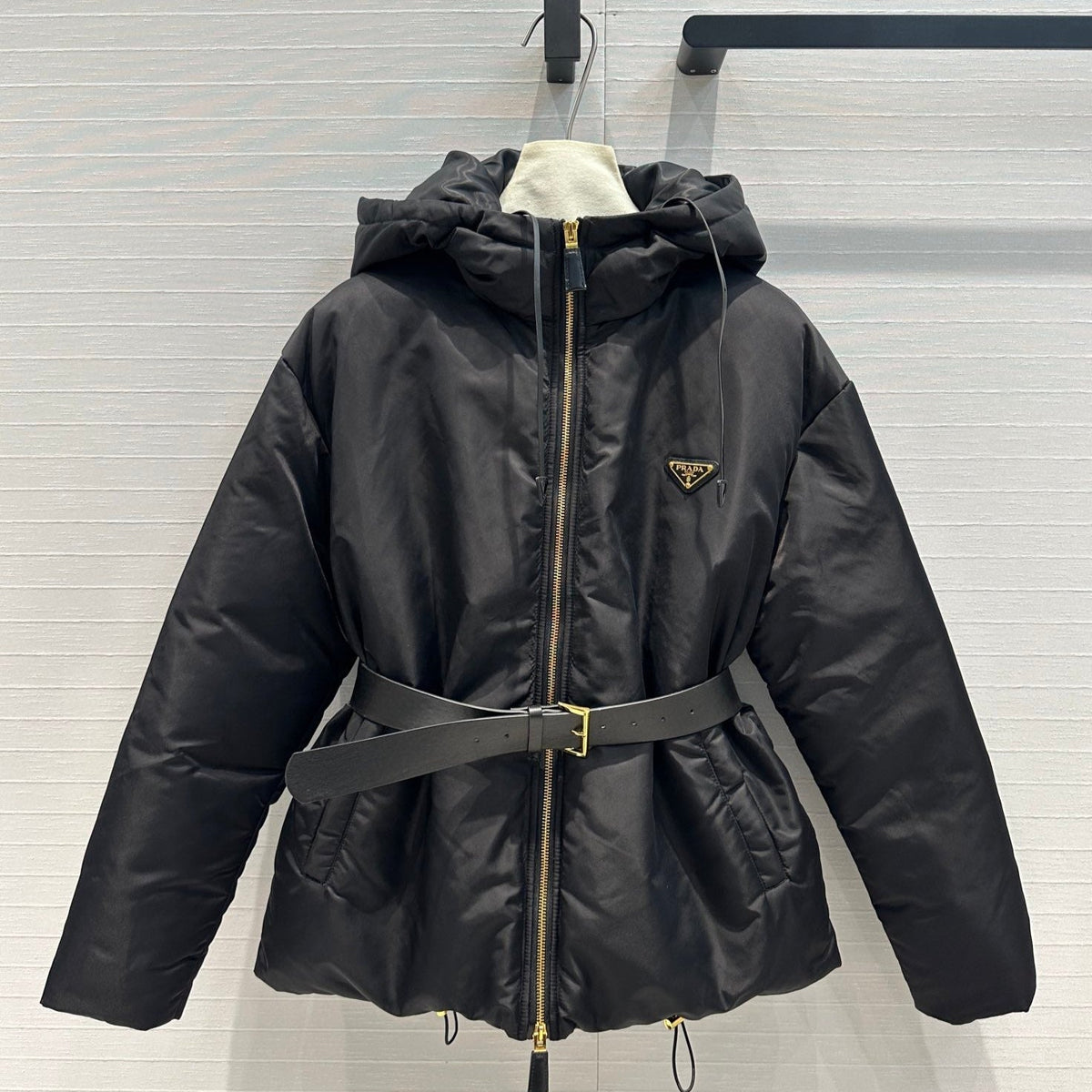 Nylon Hooded Down Jacket with Belt
