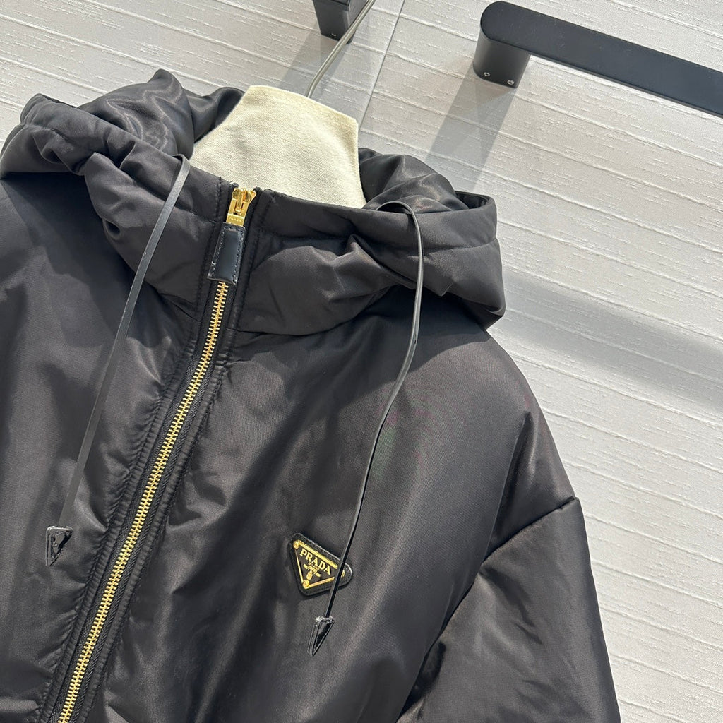 Nylon Hooded Down Jacket with Belt