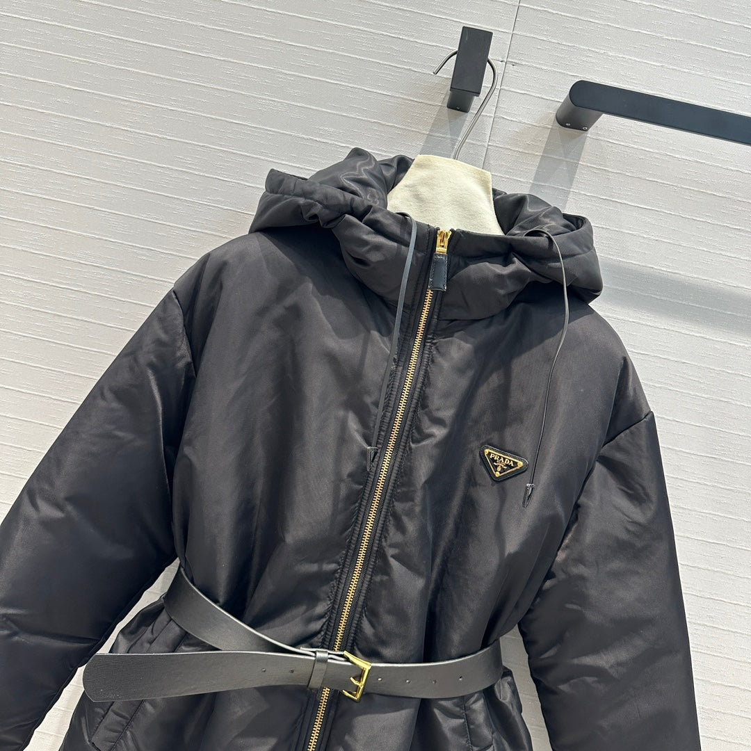 Nylon Hooded Down Jacket with Belt