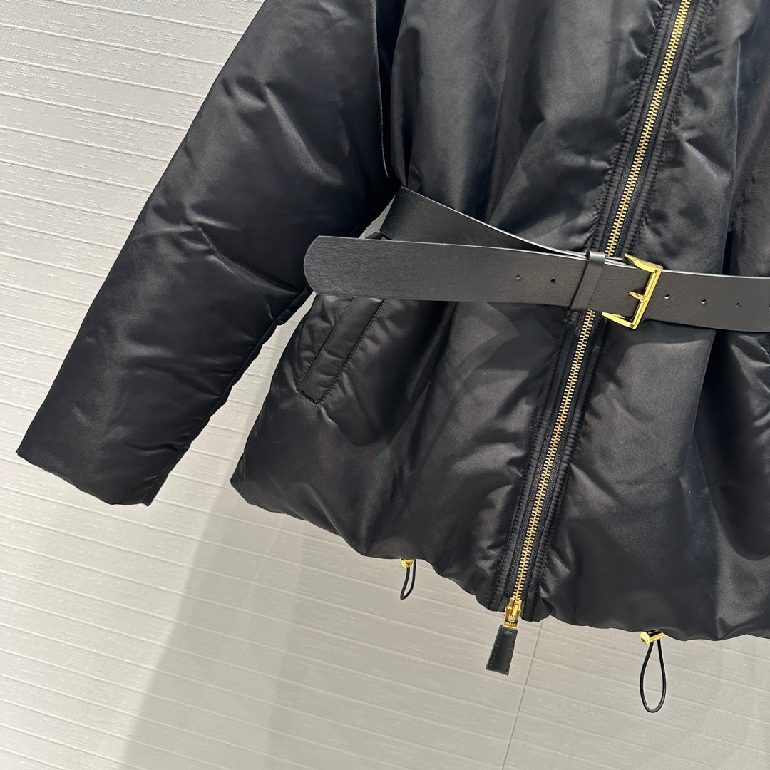 Nylon Hooded Down Jacket with Belt