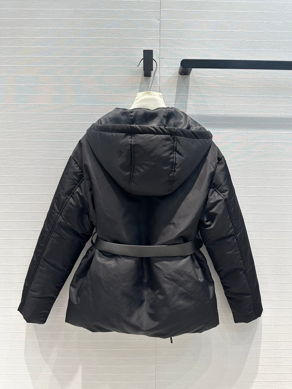 Nylon Hooded Down Jacket with Belt