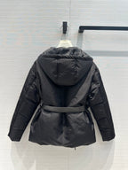 Nylon Hooded Down Jacket with Belt