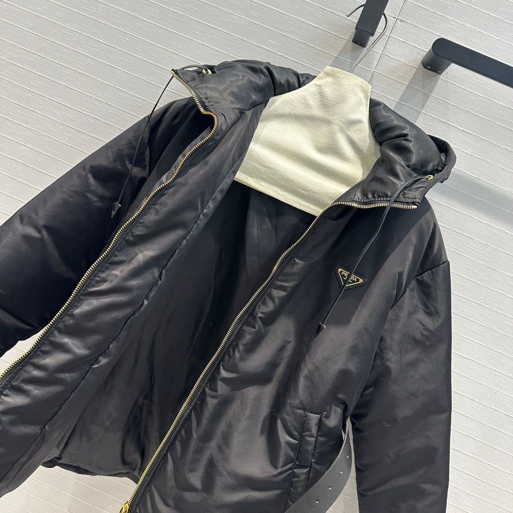 Nylon Hooded Down Jacket with Belt