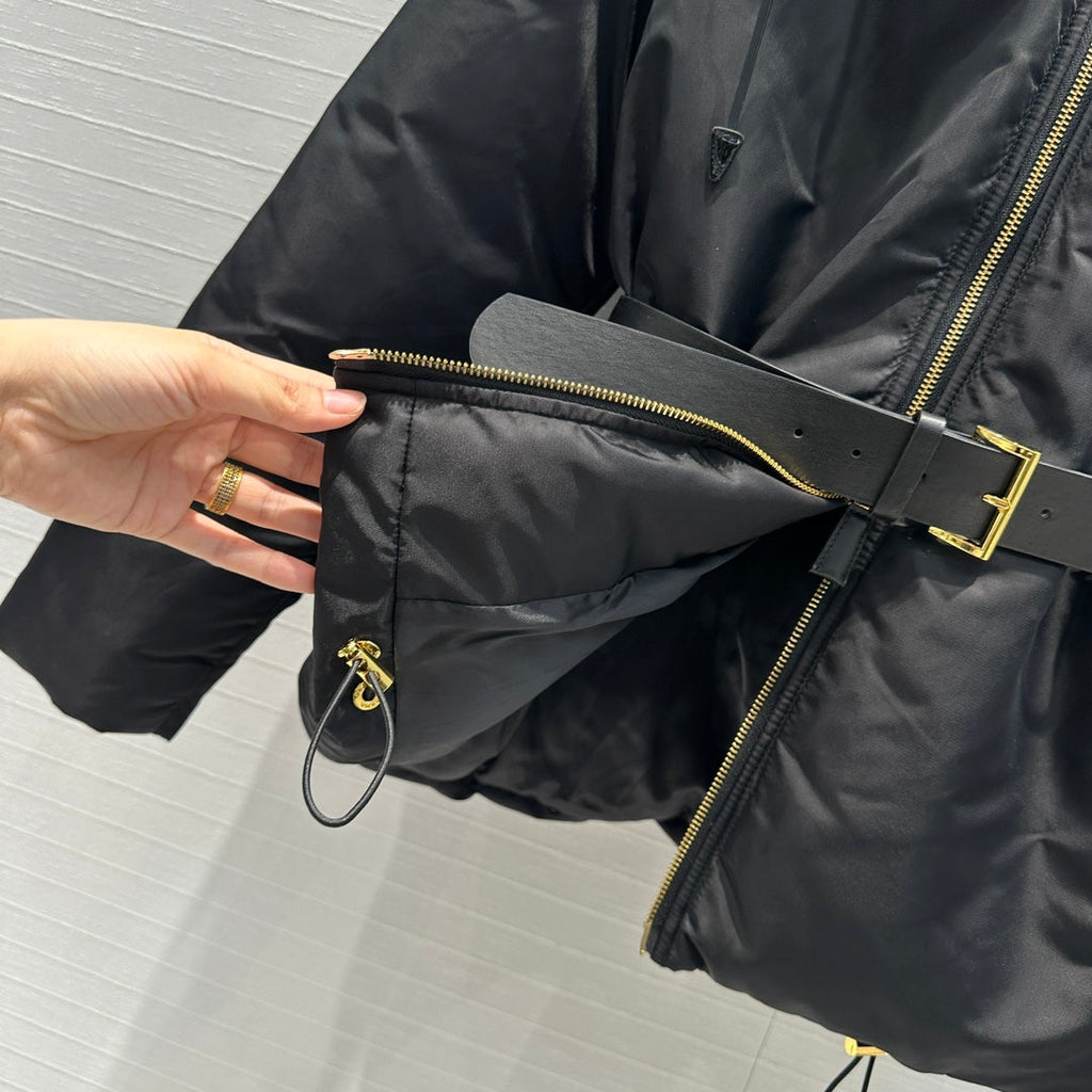 Nylon Hooded Down Jacket with Belt