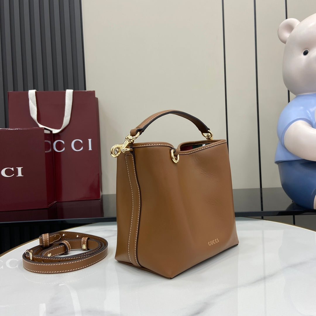 Emblem Mini Bucket Bag Brown Leather