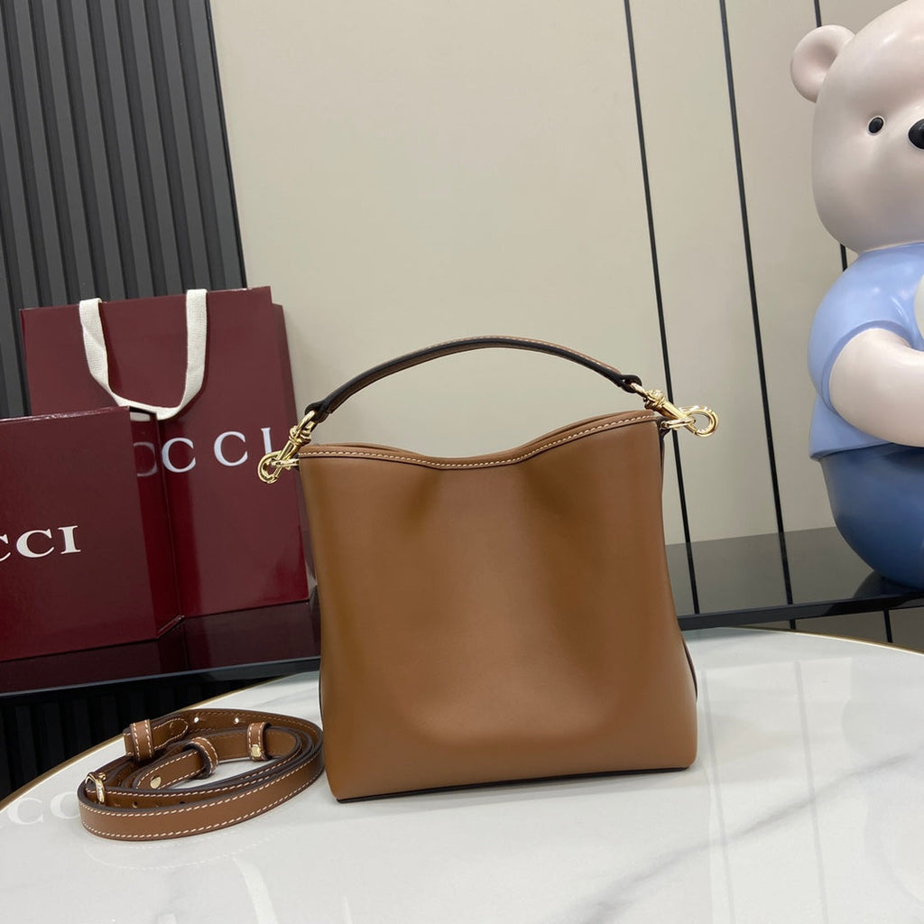 Emblem Mini Bucket Bag Brown Leather