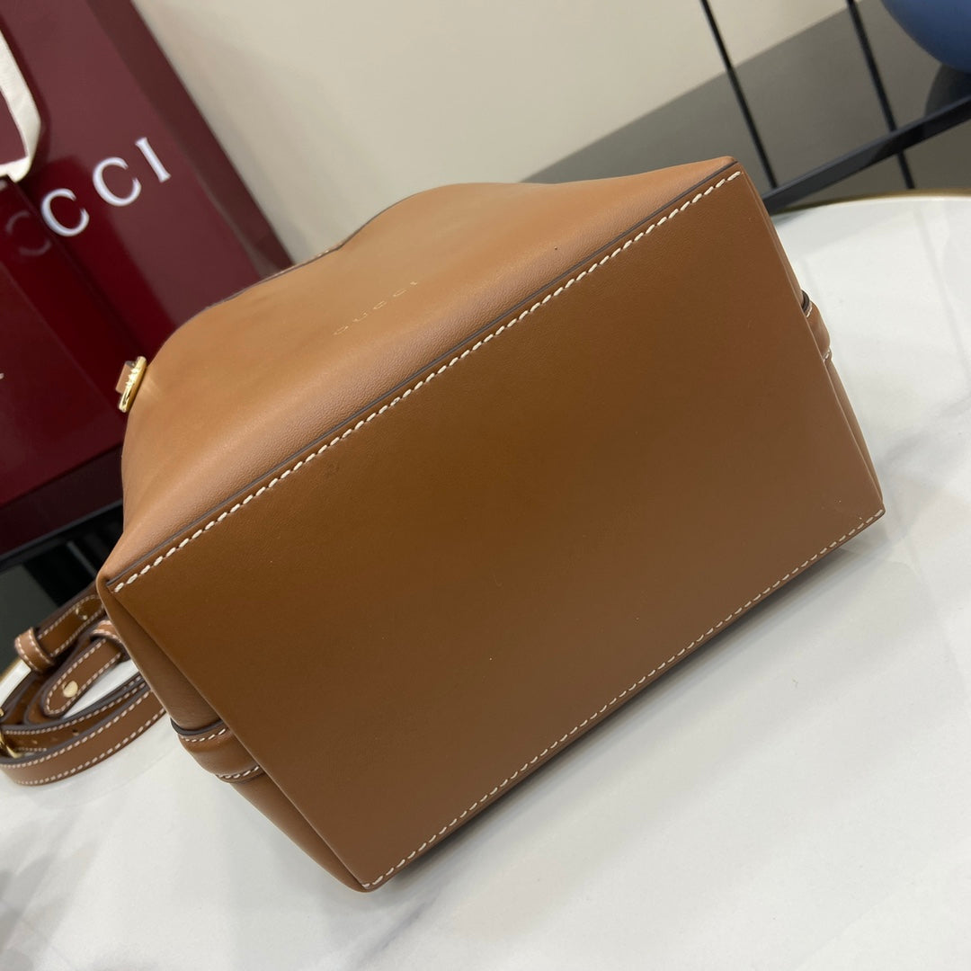 Emblem Mini Bucket Bag Brown Leather