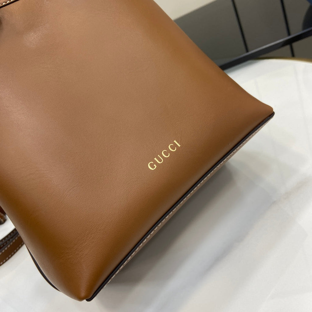 Emblem Mini Bucket Bag Brown Leather