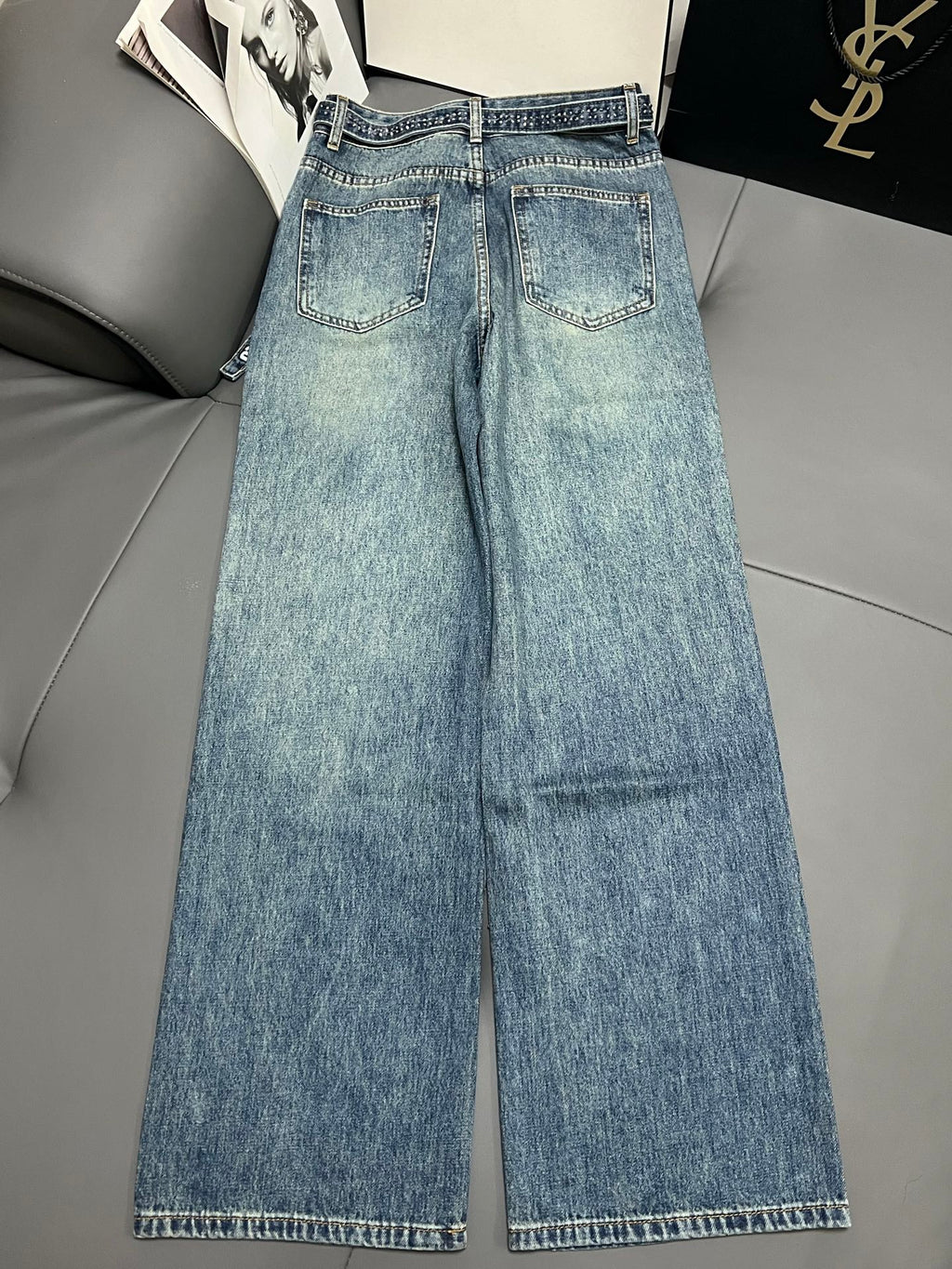 Embellished Denim Jeans Crystal Belt