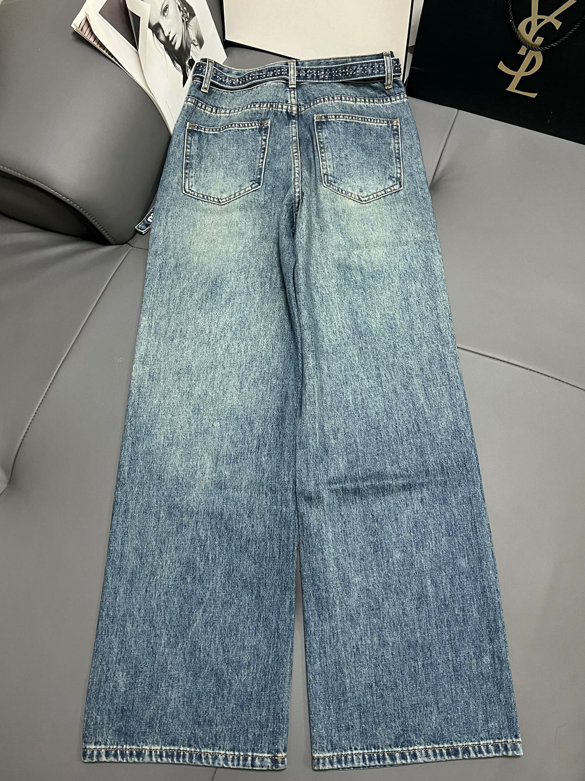 Embellished Denim Jeans Crystal Belt