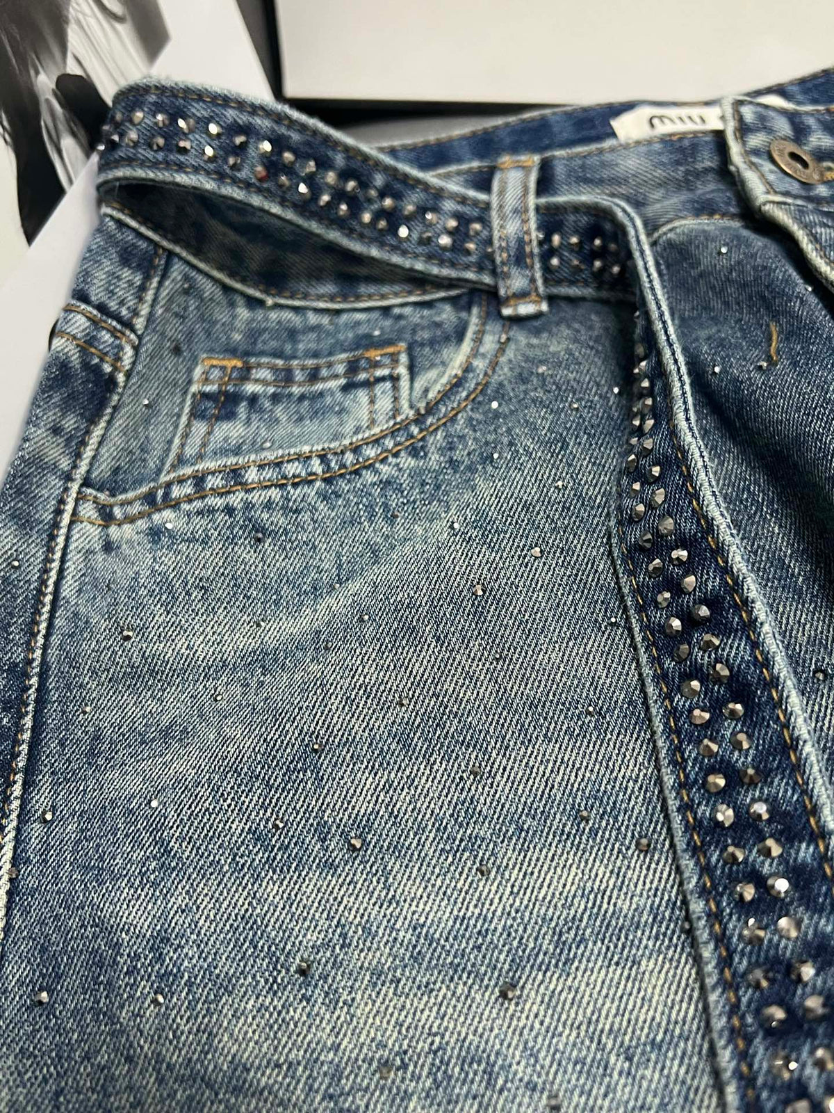 Embellished Denim Jeans Crystal Belt