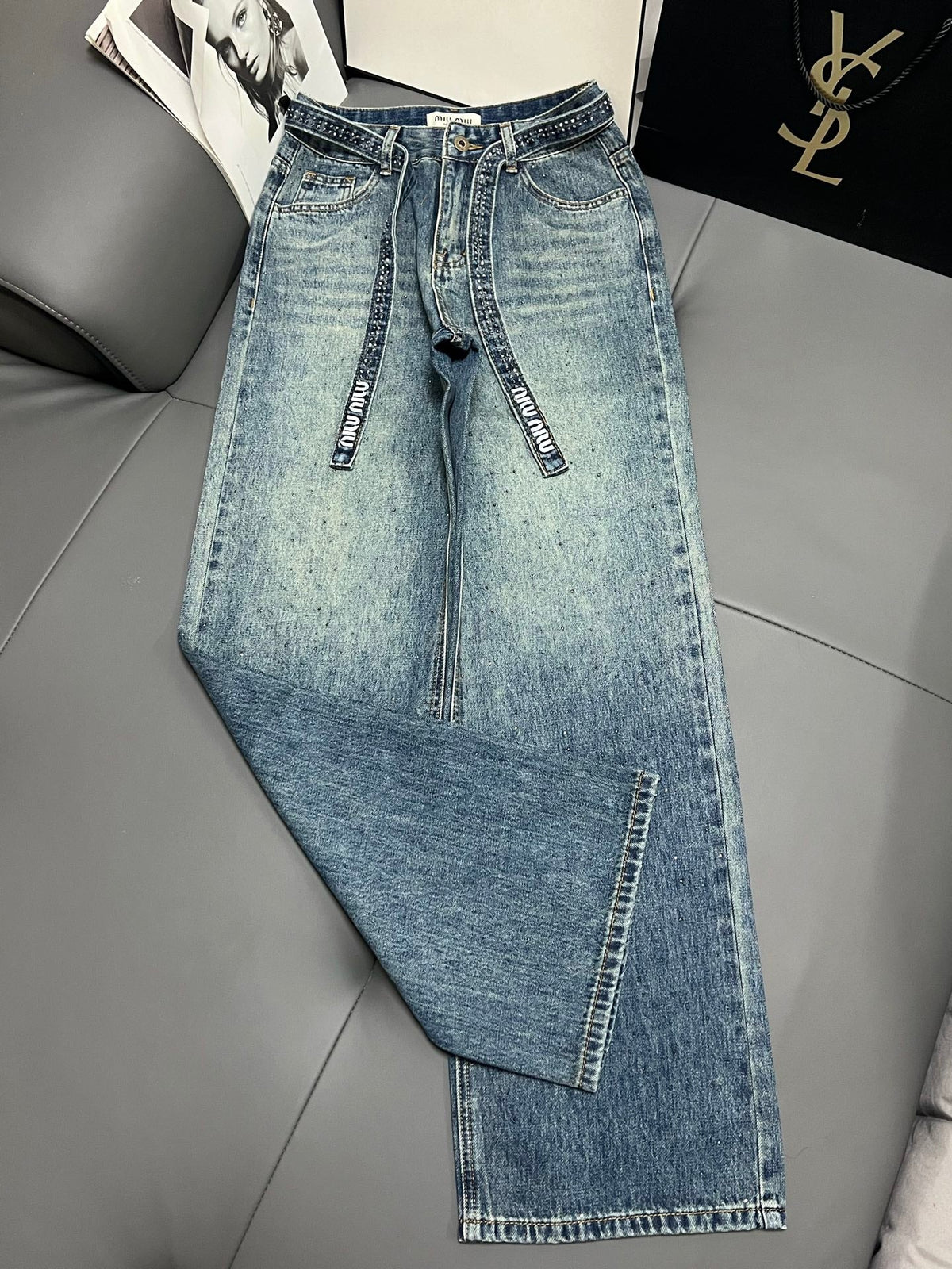 Embellished Denim Jeans Crystal Belt