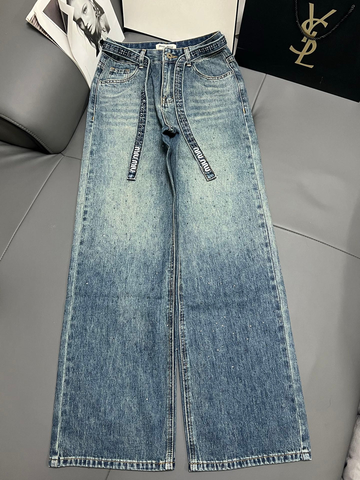 Embellished Denim Jeans Crystal Belt