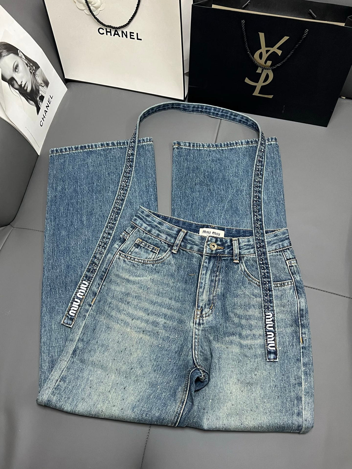 Embellished Denim Jeans Crystal Belt