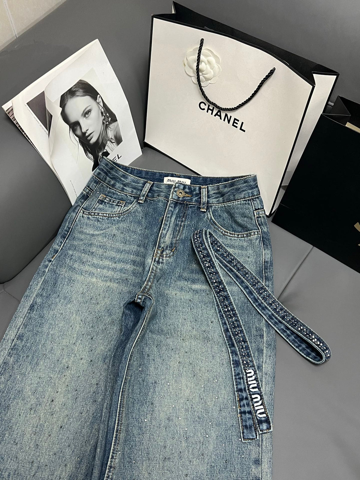 Embellished Denim Jeans Crystal Belt