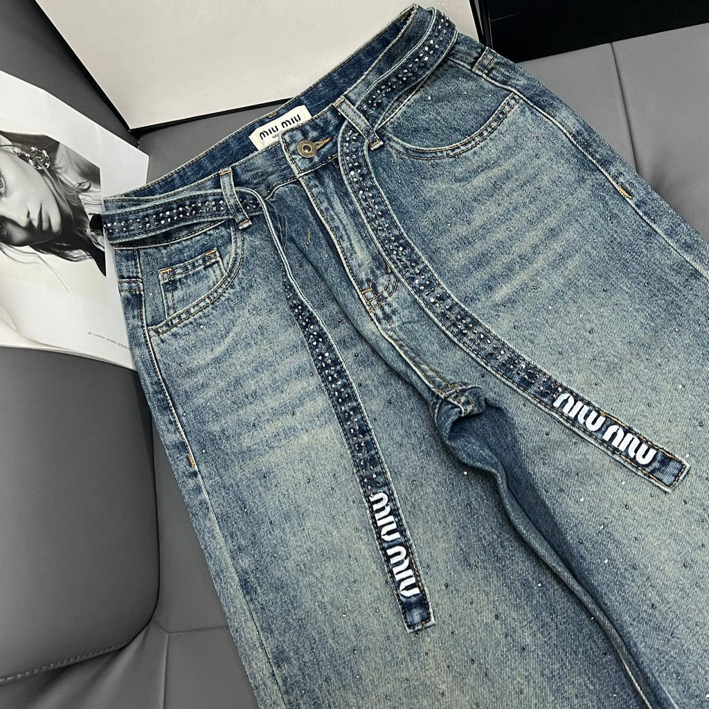 Embellished Denim Jeans Crystal Belt